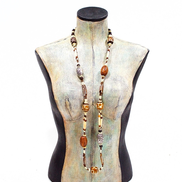 VTG 80's Ex Long Bone Wood and Aluminum Necklace - Picture 2 of 3